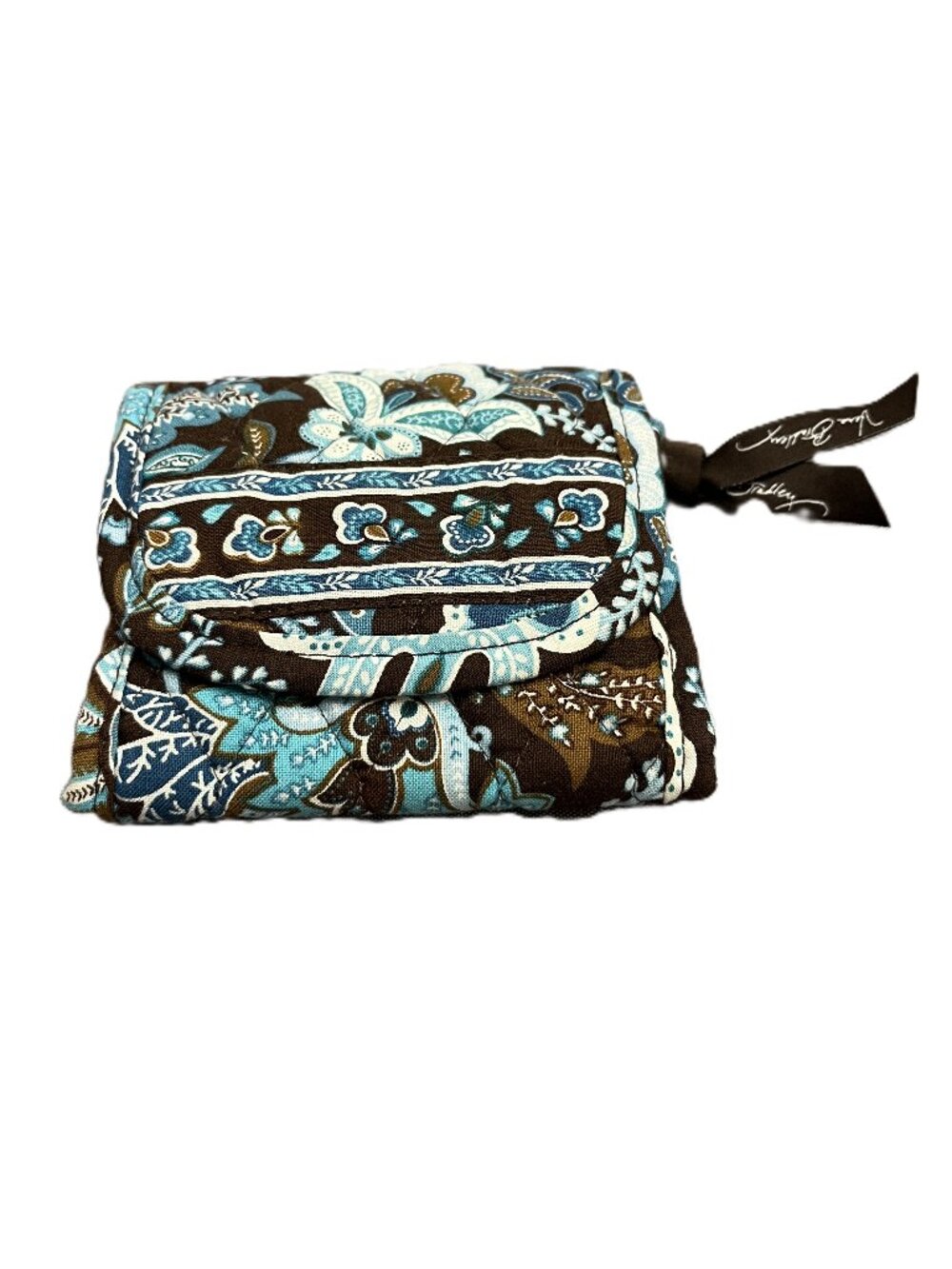 Vintage Vera Bradley Java Blue Trifold Compact Wallet Quilted Cotton Brown Teal